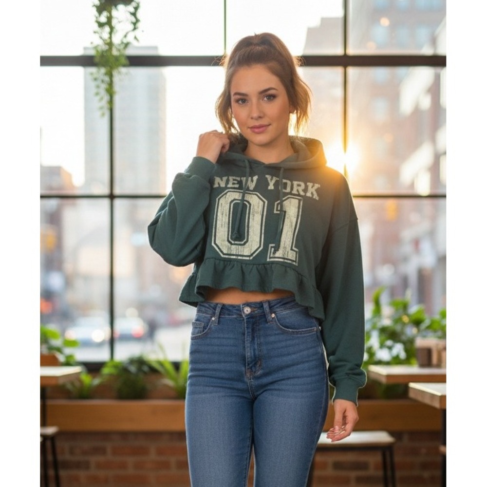 New York Ruffle Hem Crop Sweatshirt Hoodie Goodie Two Sleeves Fleece Green Sz XS